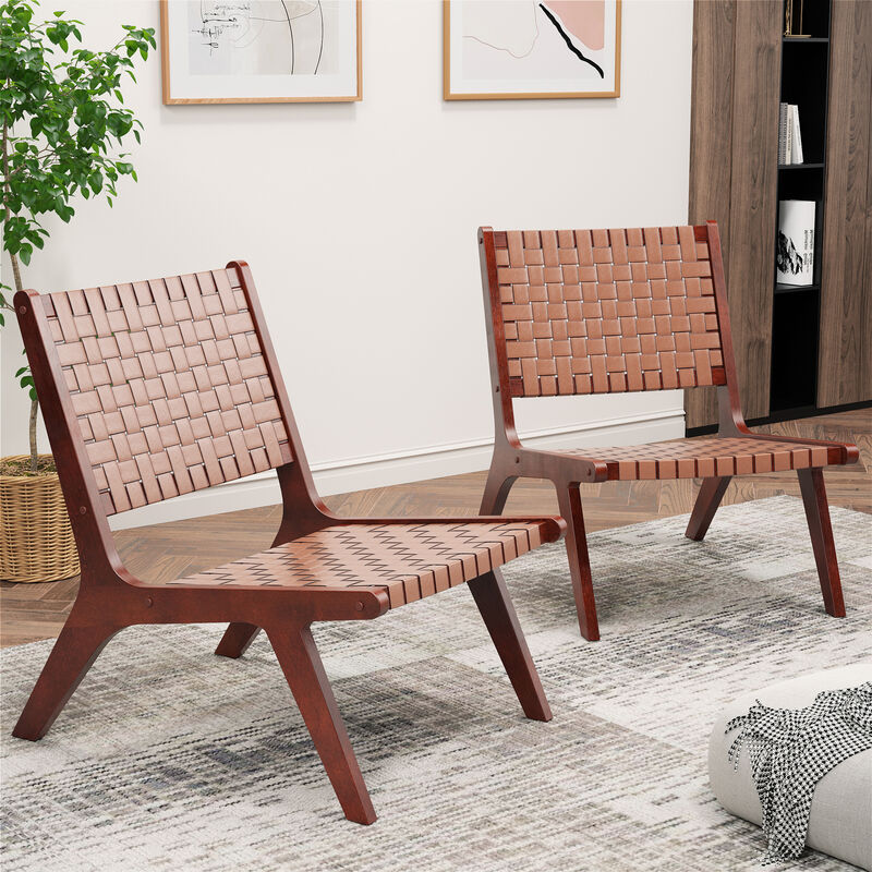 Woven Leather Accent Chairs with Wood Frame