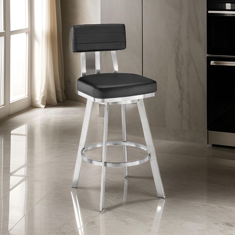 Poni 26 Inch Swivel Counter Stool Chair, Cushioned Seat, Black Faux Leather - Benzara