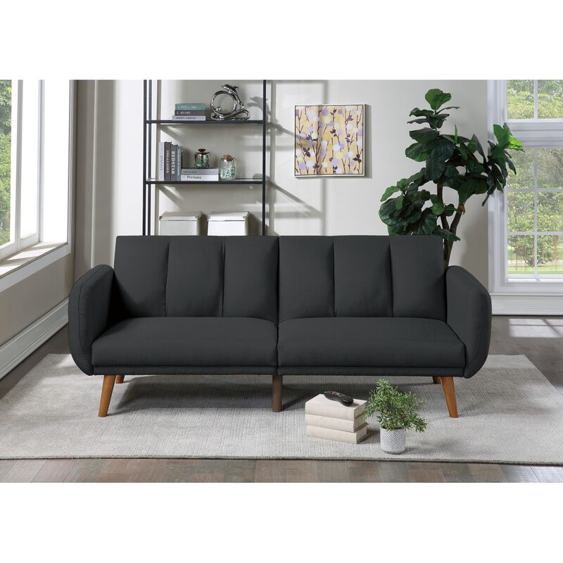 Black Polyfiber Convertible Sofa Bed with Wooden Legs