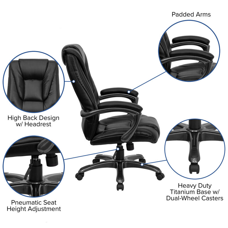 Oma High Back Black LeatherSoft Layered Upholstered Executive Swivel Ergonomic Office Chair with Smoke Metal Base and Arms