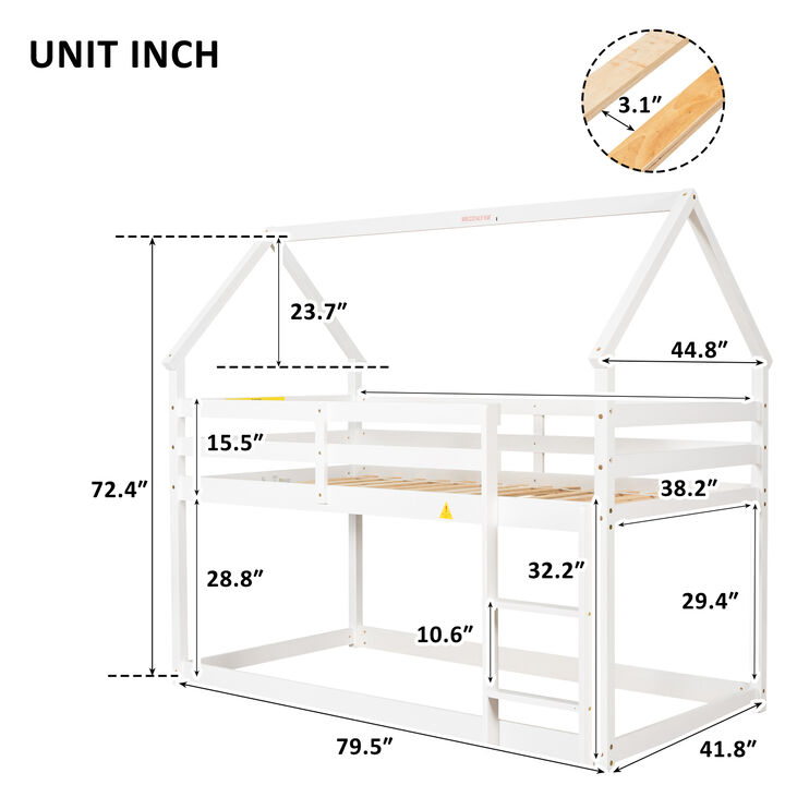 Twin over Twin Loft Bed with Roof Design, Safety Guardrail, Ladder, White