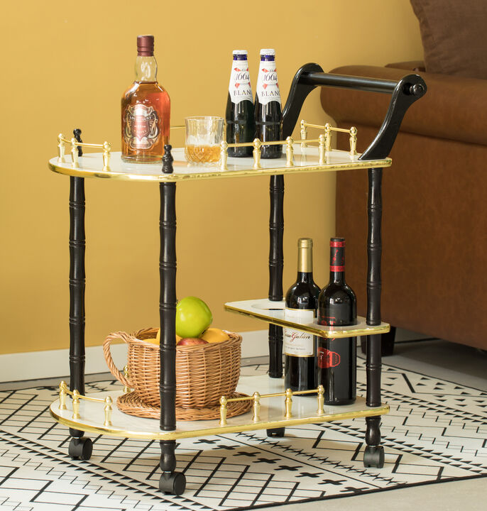 Serving Bar Cart Tea Trolley, 2 Tier Shelves on Rolling Wheels, Mobile Liquor Bar for Wine Beverage Drink Dinner Party, Utility Kitchen Storage Island Coffee Cabinet for Dining Living Room, Wood, Gray
