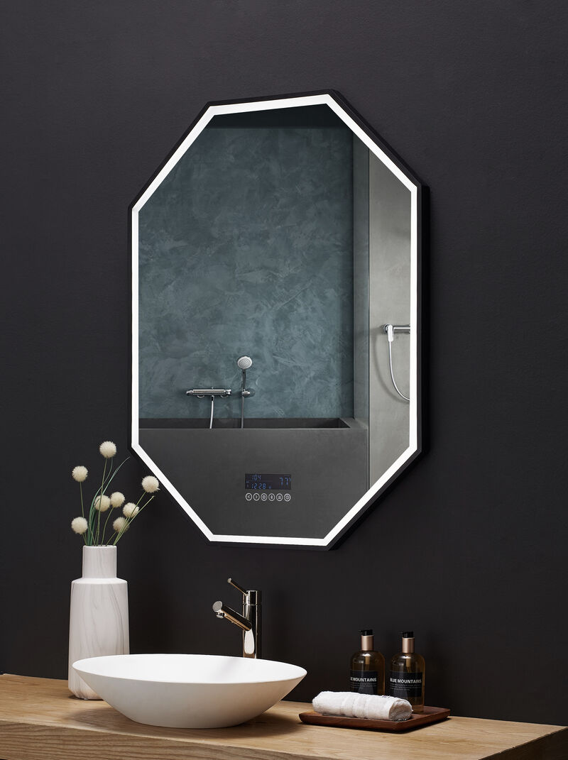 OTTO LED Octagon Black Framed Mirror with Bluetooth and Digital Display