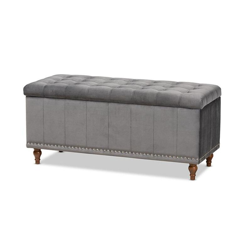 Grey Velvet Fabric Upholstered Button-Tufted Storage Ottoman Bench