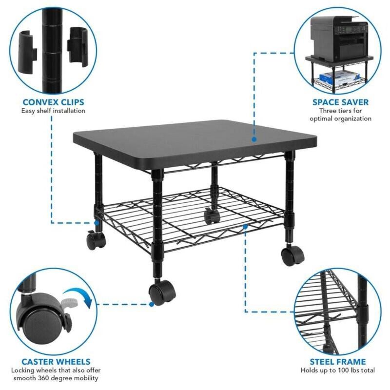 Multipurpose Black Metal 2-Tier Mobile Under Desk Printer Stand Cart w/ Casters