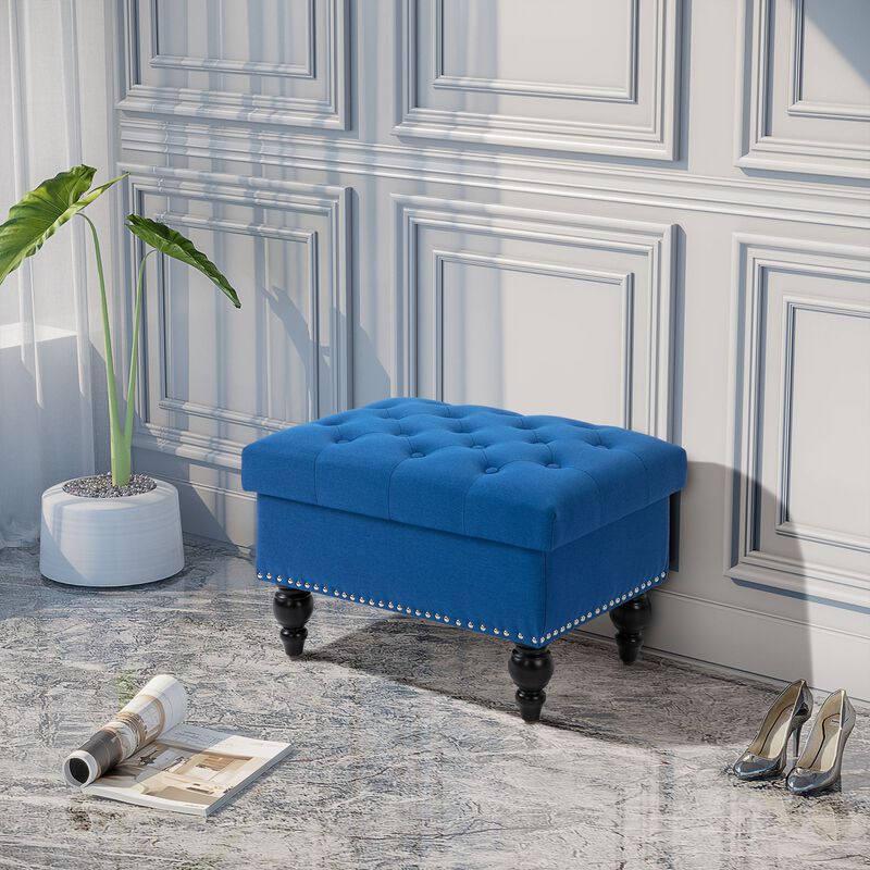 Blue Versatile Seating: 25" Tufted Storage Ottoman with Wood Legs