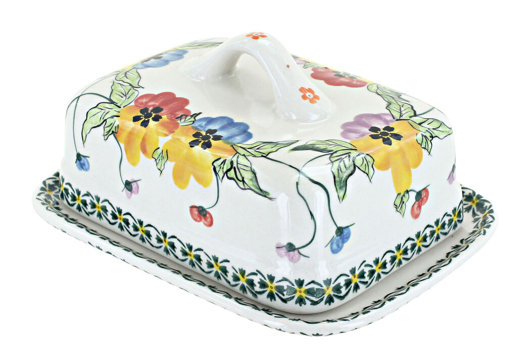 Blue Rose Polish Pottery Majestic Pansy Square Butter Dish