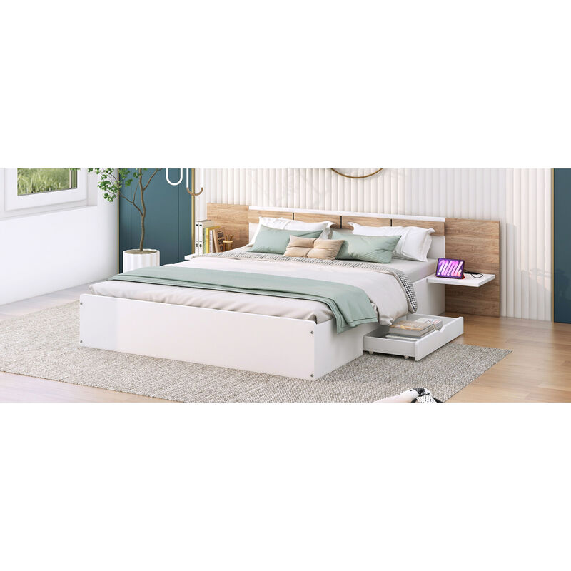 Queen Size Platform Bed with Headboard, Drawers, Shelves, USB Ports and Sockets, White