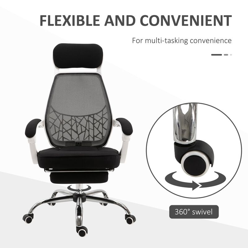 Black/White Executive Chair: High Back 360° Swivel Recliner with Footrest