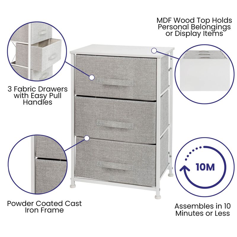 Flash Furniture Harris 3 Drawer Storage Dresser - White Cast Iron Frame and Wood Top - 3 Easy Pull Dark Gray Fabric Drawers