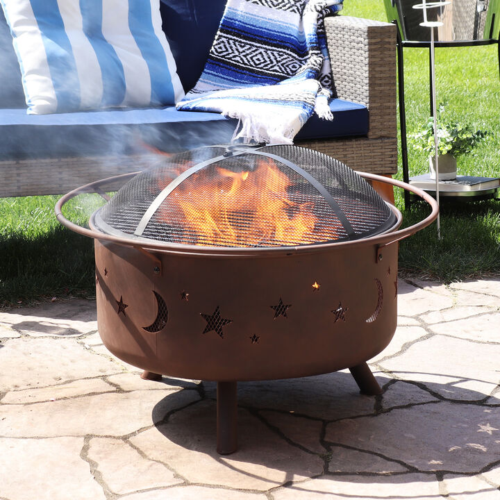 Sunnydaze 30 in Cosmic Steel Fire Pit with Spark Screen, Poker, and Grate