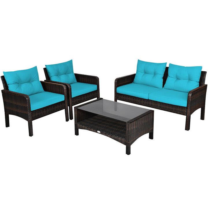 4 Pieces Outdoor Rattan Wicker Loveseat Furniture Set with Cushions