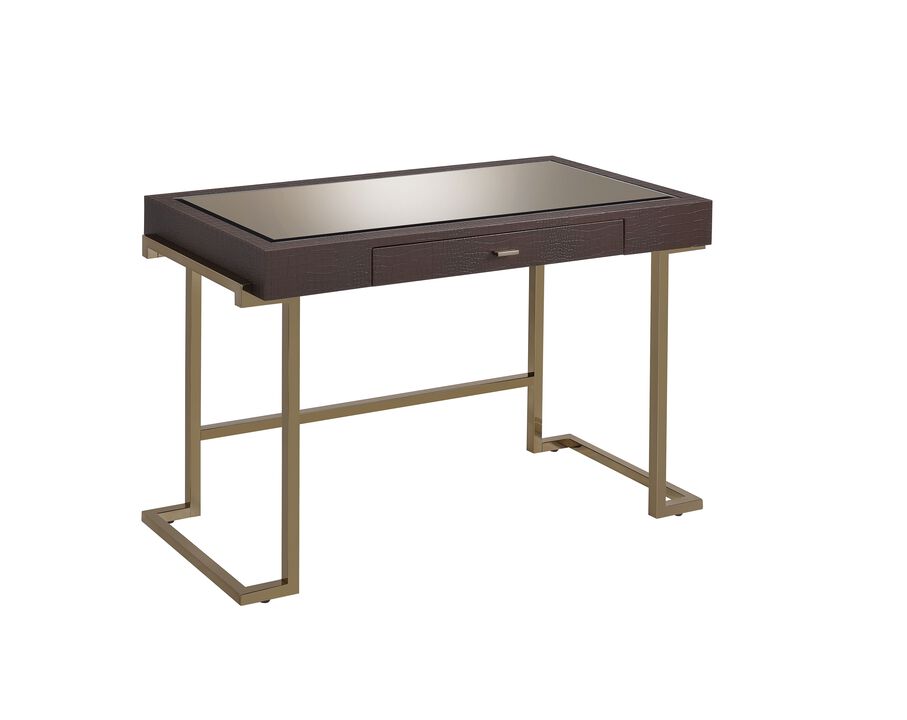 ACME Boice Writing Desk, Espresso Synthetic Leather & Champagne