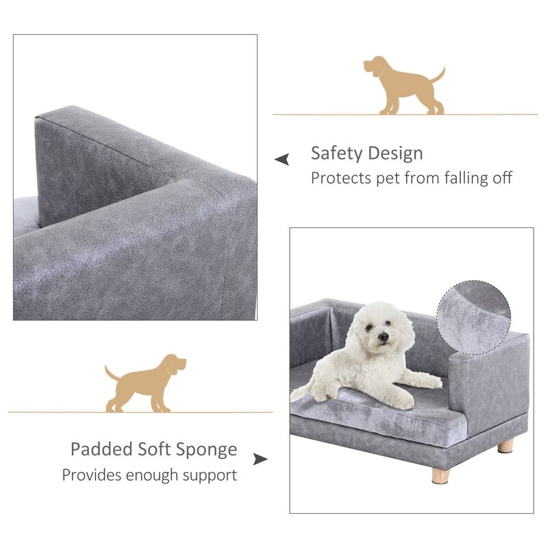 Grey Pet Sofa: Small Dog/Cat Bed with Faux Leather Combo