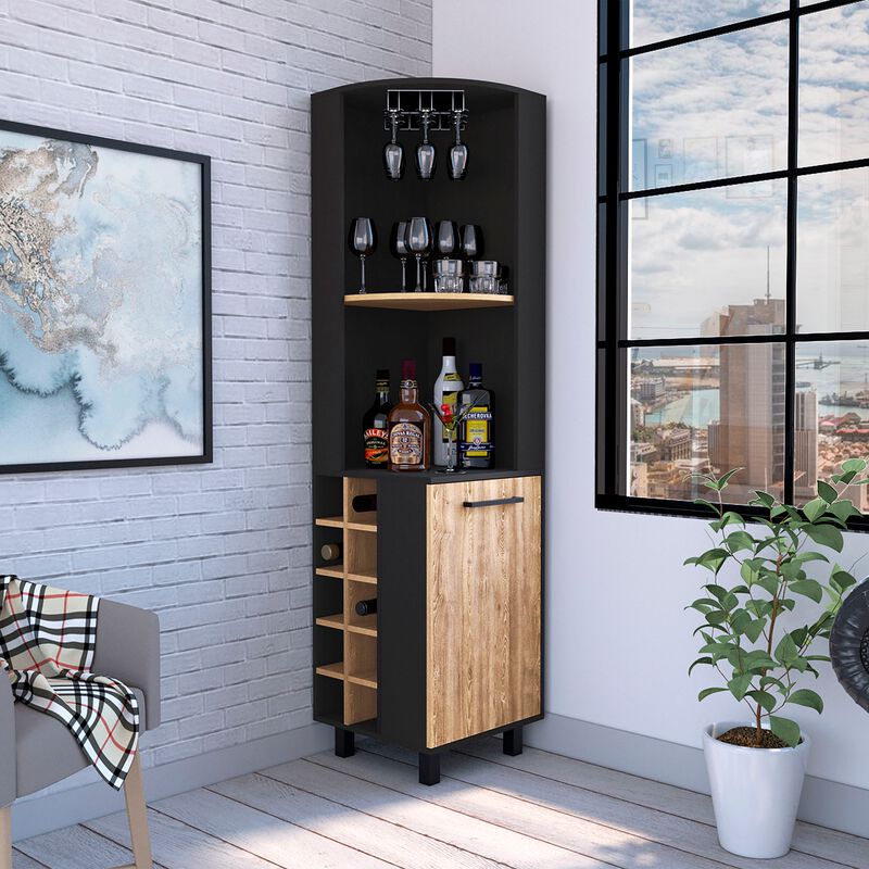 Kaia Corner Bar Cabinet, Two Shelves, Ten Built-in Wine Rack, Single Door Cabinet, Two interior  Shelves, -Black / Pine