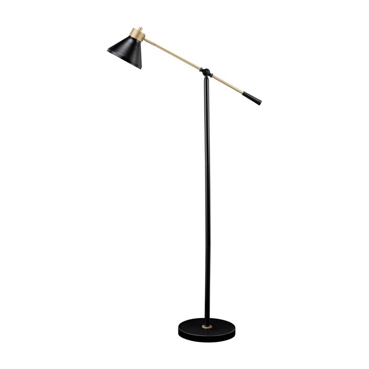 58 Inch Classic Metal Floor Lamp, Adjustable Shade Height, Gold, Black-Benzara