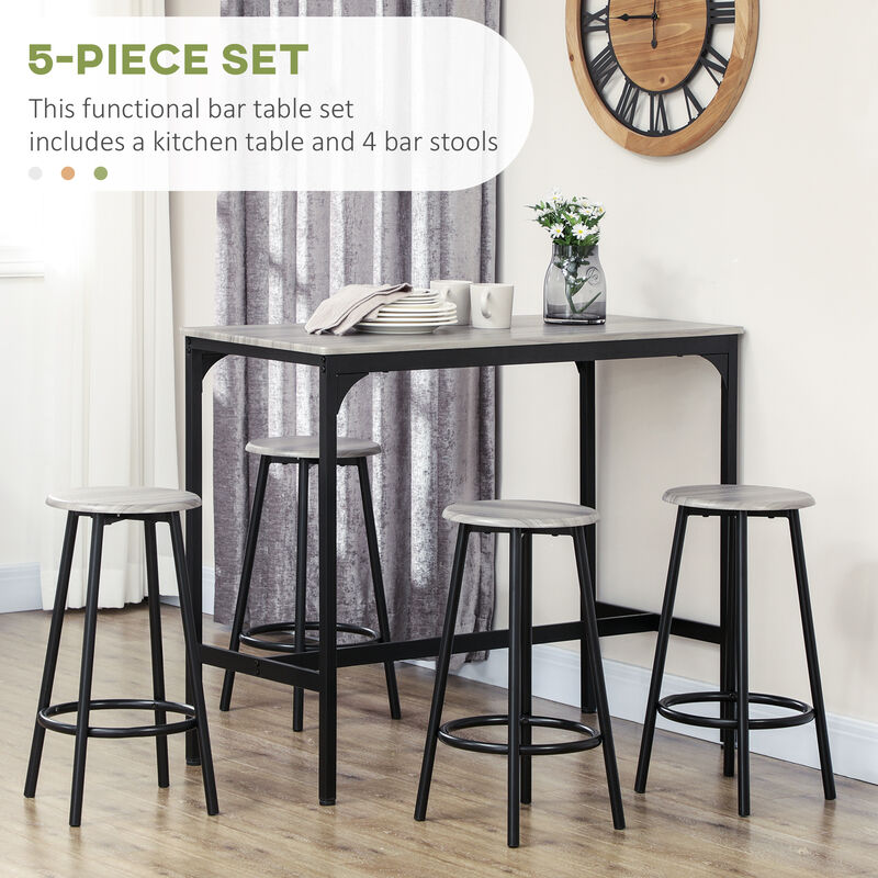 HOMCOM 5-Piece Counter Height Bar Table Set, Rustic 43.25" Dining Table with 4 Bar Stools, Kitchen Table with Wooden Top for Pub, Dining Room, Gray