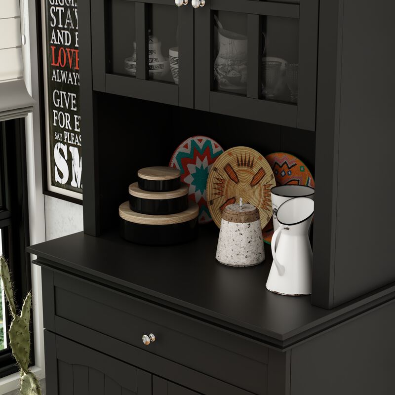 Black Painted Accent Storage Cabinet, Sideboard with Framed Transparent Doors, Drawer, Adjustable Shelves and Hutch