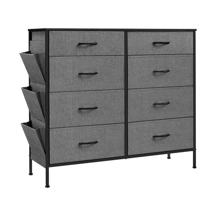 Savi 42 Inch Small Space Dresser, 8 Fabric Drawers with Side Pockets, Gray - Benzara