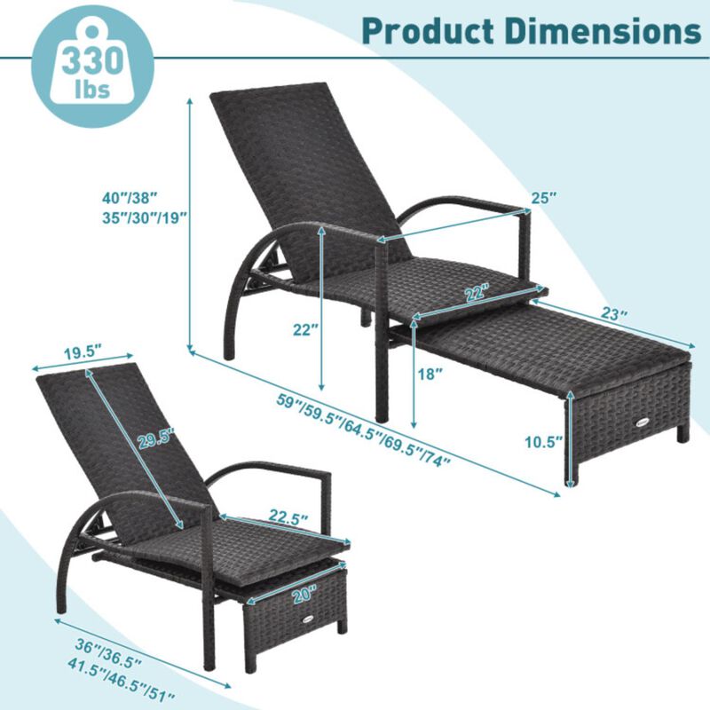 Hivvago Patio Chaise Lounge Outdoor Rattan Lounge Chair with Retractable Ottoman