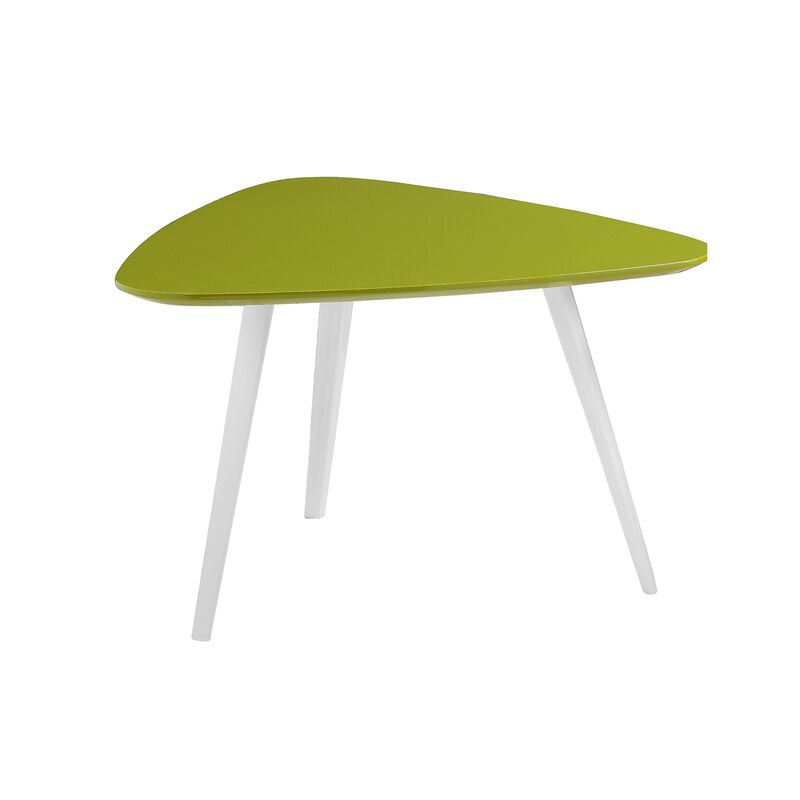 23 Inch Accent Table, Triangular Top, Green Lacquer Top and White Legs - Benzara