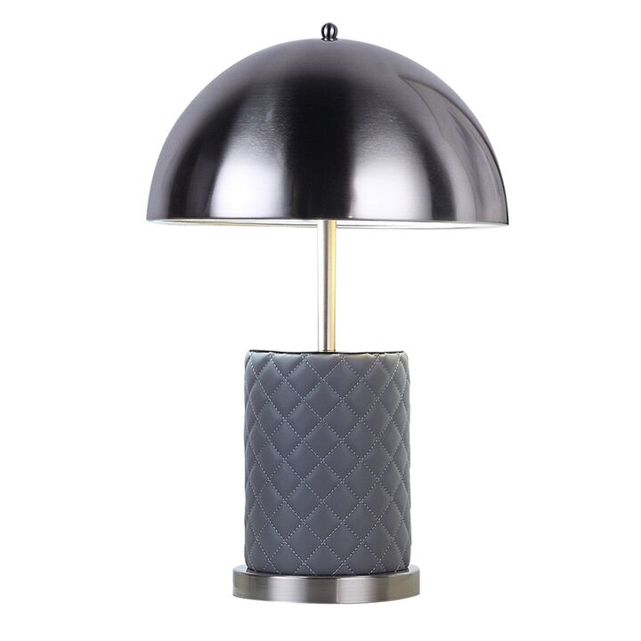 Aria 21 Inch Table Lamp, Dome Shade, Round, Gray Faux Leather, Dark Silver-Benzara