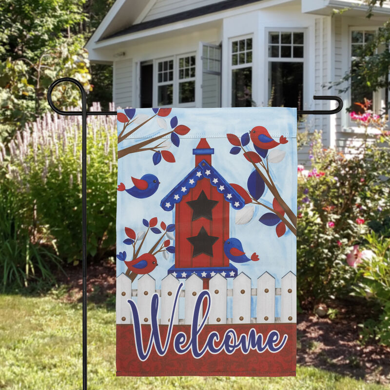 Patriotic Birds and Birdhouse "Welcome" Outdoor Garden Flag - 18" x 12.5"