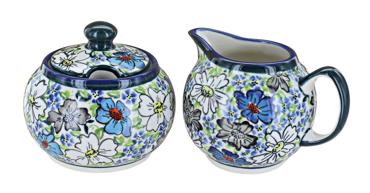 Blue Rose Polish Pottery Bed of Flowers Sugar & Creamer Set