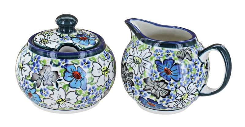 Blue Rose Polish Pottery Bed of Flowers Sugar & Creamer Set