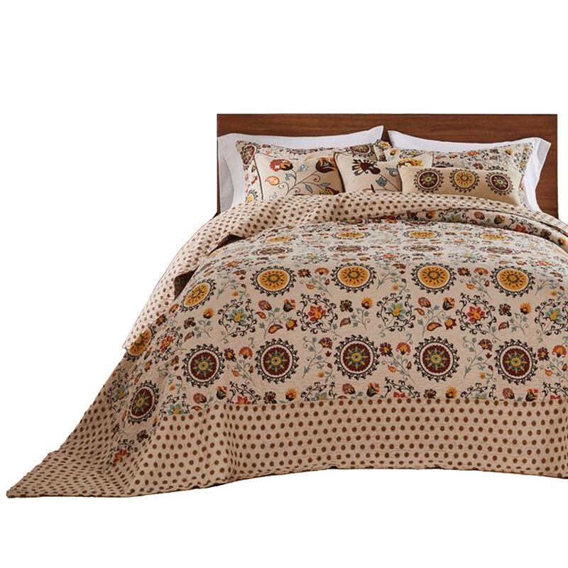 Dorra 3pc King Bedspread Set, 2 Shams, Floral Crest, Beige Yellow Cotton