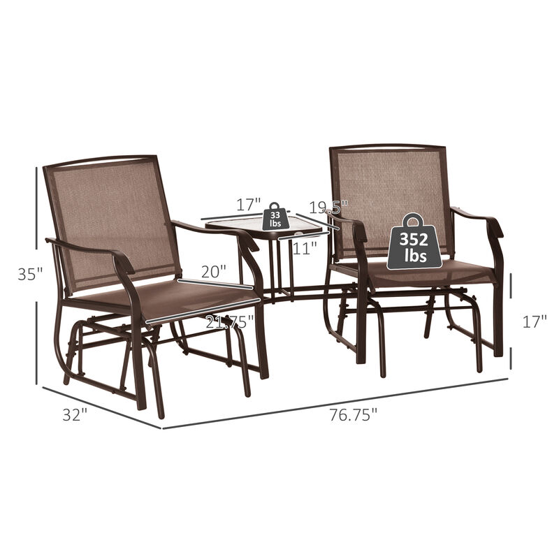 Outsunny Outdoor Glider Chairs with Coffee Table, Patio 2-Seat Rocking Chair Swing Loveseat with Breathable Sling for Backyard, Garden, and Porch, Coffee Brown