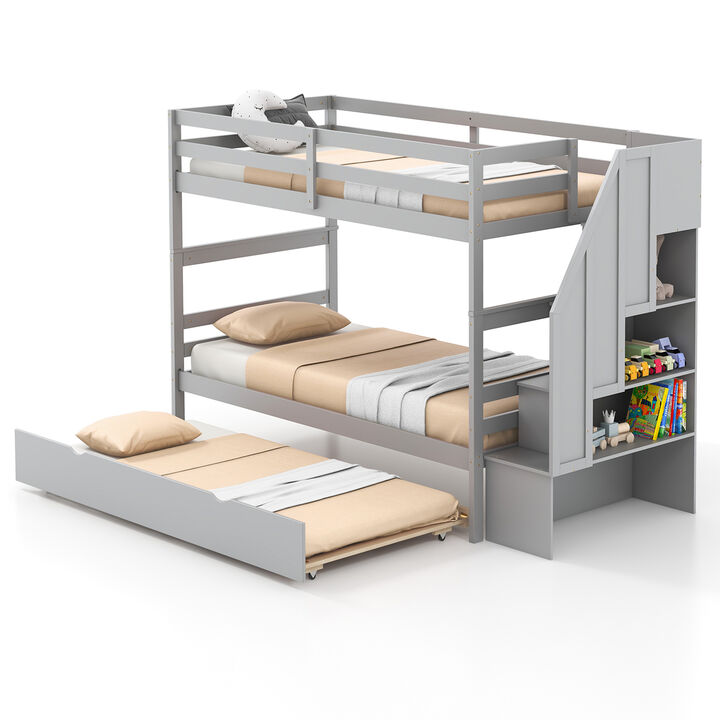 Home Wood Bunk Bed with Guard Rail and 4-step Storage Stairs No Box Spring Needed