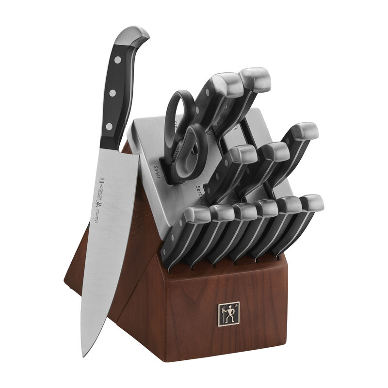 Henckels Statement Self-Sharpening Knife Set with Block, Chef Knife, Paring Knife, Bread Knife, Steak Knife, 14-piece, Dark Brown, Stainless Steel