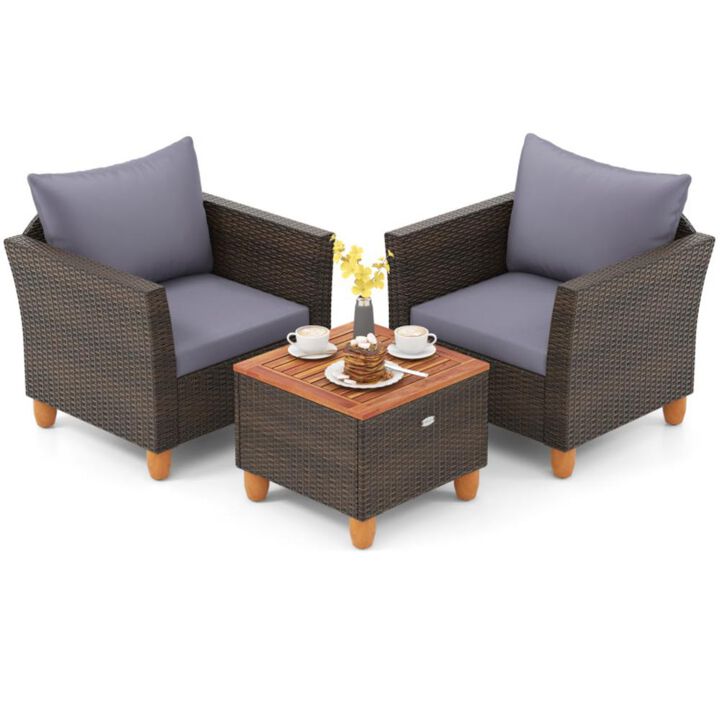 Hivvago 3 Pieces Patio Rattan Bistro Furniture Set with Wooden Table Top