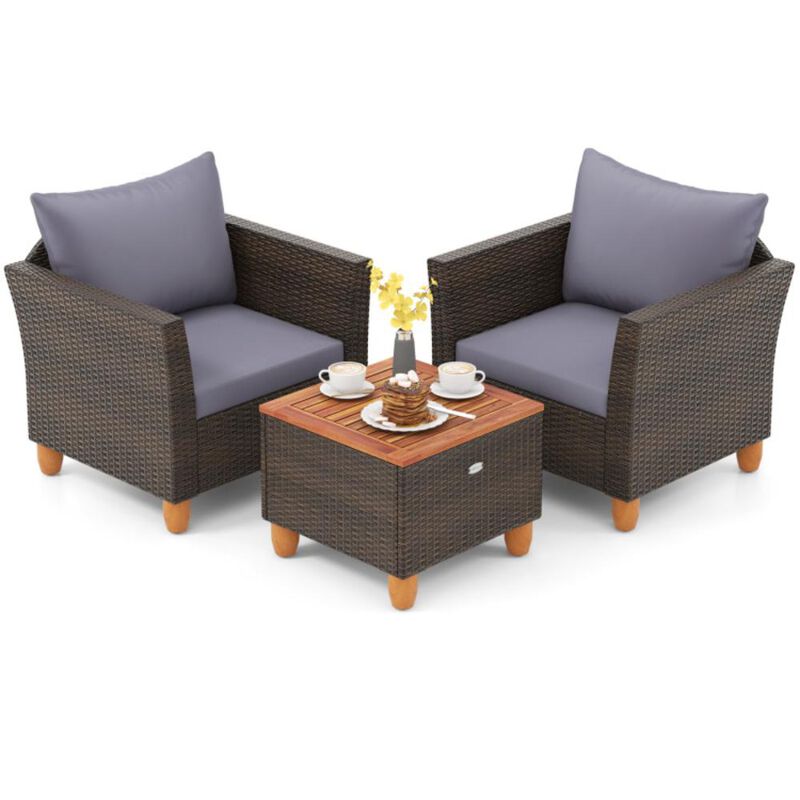 Hivvago 3 Pieces Patio Rattan Bistro Furniture Set with Wooden Table Top