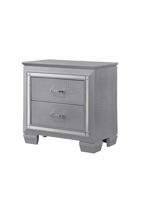 1pc Modern Glam Style Two Drawers Nightstand Solid Wood Builtin Night Light Silver Crocodile Finish