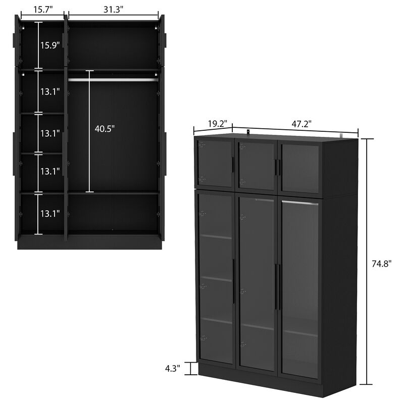 White Wood 47.2 in. W Glass Doors Armoires Metal Frame Wardwore with LED Lights, Hanging Rod (74.8 in. H x 19.2 in. D)