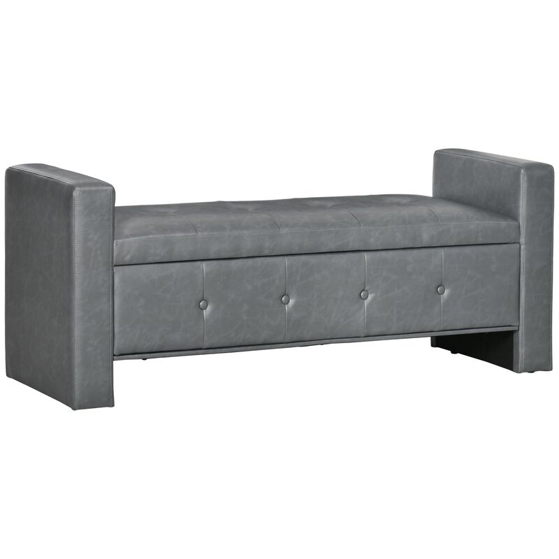 Grey Storage Bench: Tufted Faux Leather Ottoman with Armrests