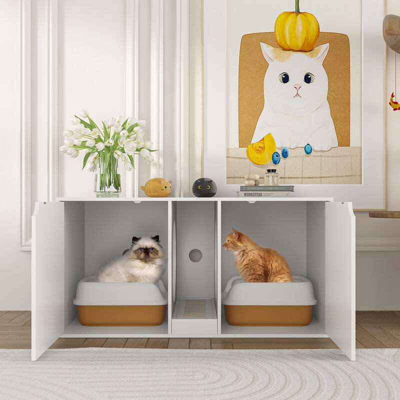 Cat Litter Box Enclosure for 2 Cats, Modern Wood Stackable Large Cat Washroom Cabinet Bench End Table Furniture, White