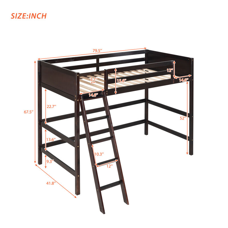 Solid Wood Twin Size Loft Bed with Ladder