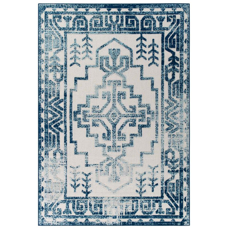 Reflect Nyssa Distressed Geometric Southwestern Aztec 8x10 Indoor and Outdoor Area Rug - Ivory and Blue