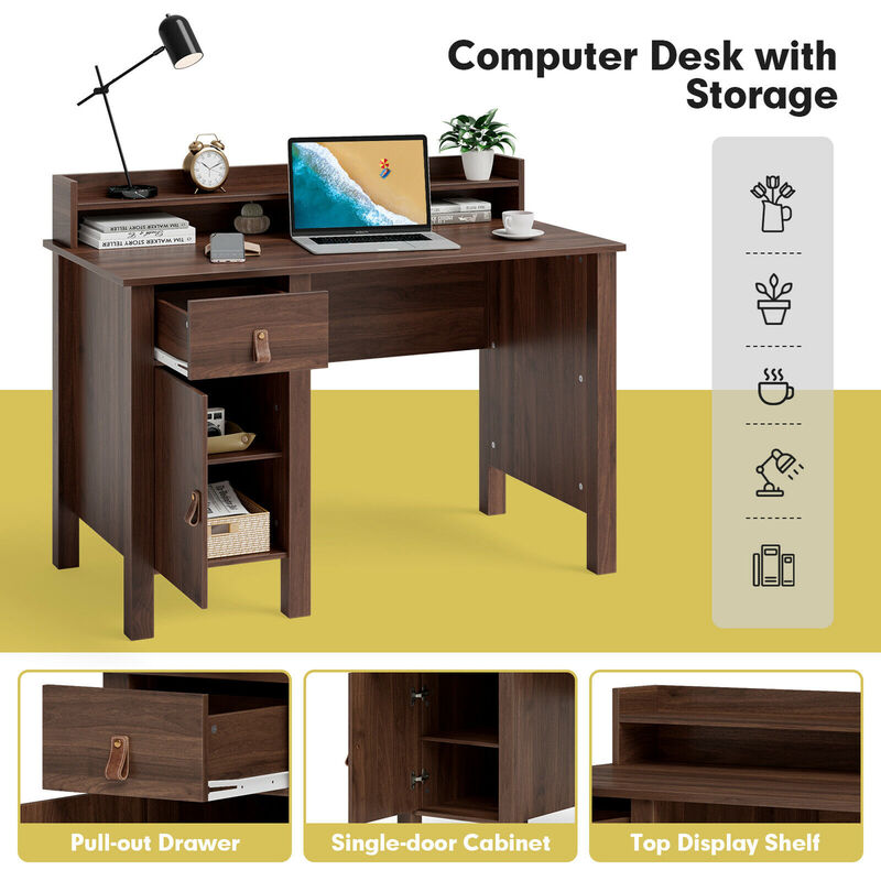 Costway Computer Desk Home Office Writing Workstation w/ Drawer & Hutch Walnut