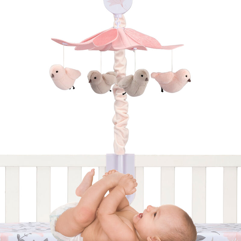 Lambs & Ivy Petals Pink/Gray Birds Musical Baby Crib Mobile Soother Toy