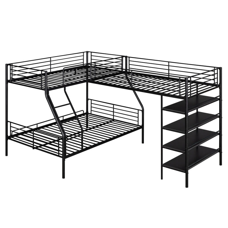 L-Shaped Metal Twin Over Full Bunk Bed And Twin Size Loft Bed With Four Built-In Shelves