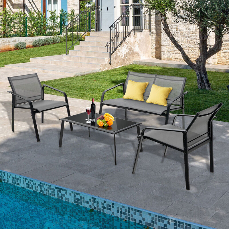 4 Pieces Patio Furniture Set with Armrest Loveseat Sofas and Glass Table Deck