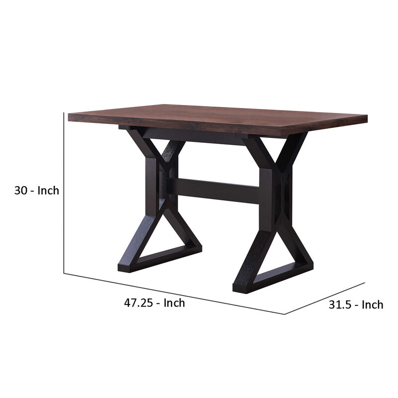 Two Toned Rectangular Wooden Dining Table with X Shaped Trestle Base, Black and Brown-Benzara