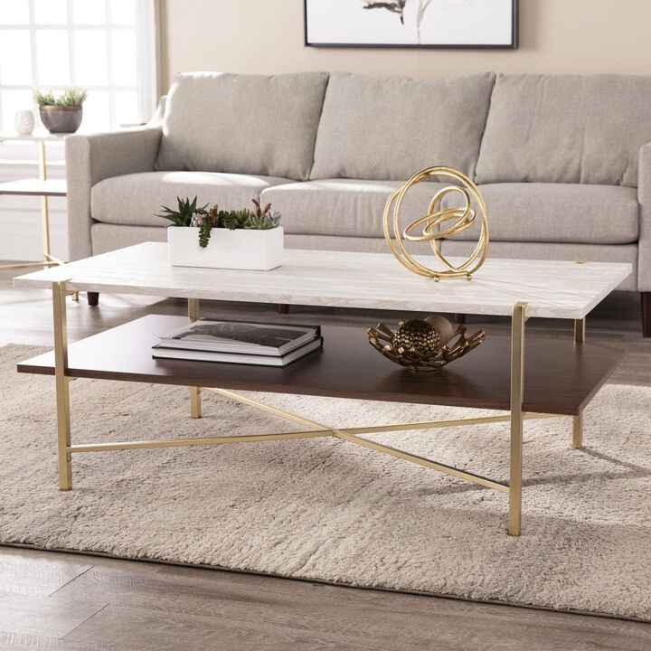 Homezia 47" Brass Manufactured Wood And Metal Rectangular Coffee Table