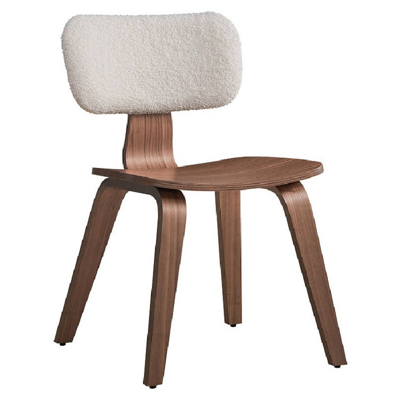 Aon 22 Inch Side Dining Chair Set of 2, Curved, White Boucle, Walnut Brown - Benzara