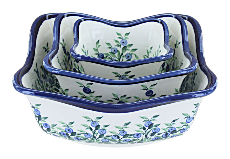 Blue Rose Polish Pottery Floral Butterfly 3 Piece Square Scallop Bowl Set