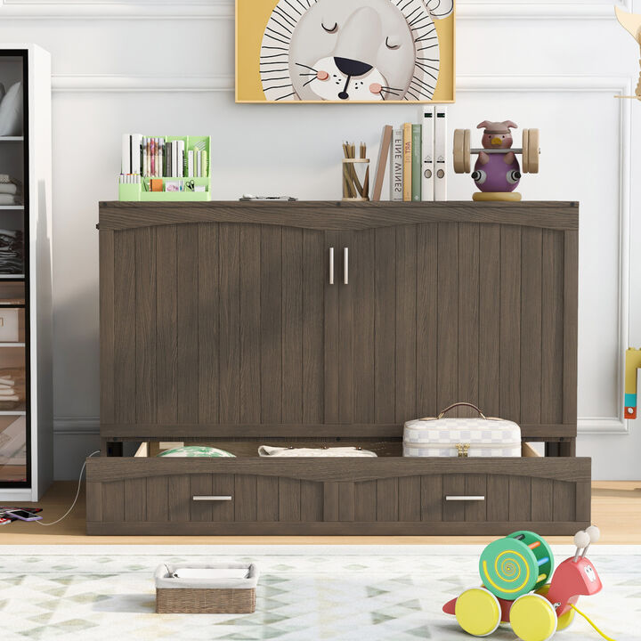 Queen Size Murphy Bed with Built-In Charging Station, Antique Grey